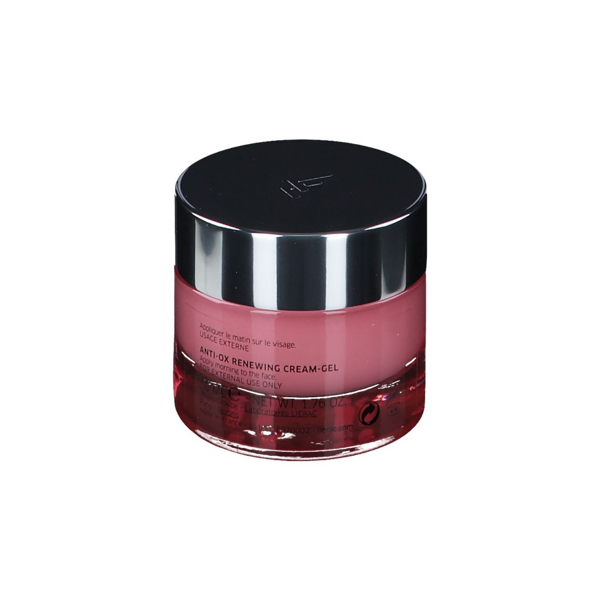 Pot rond avec gel-crème rose et couvercle argenté. LIERAC PARIS est inscrit sur le pot.