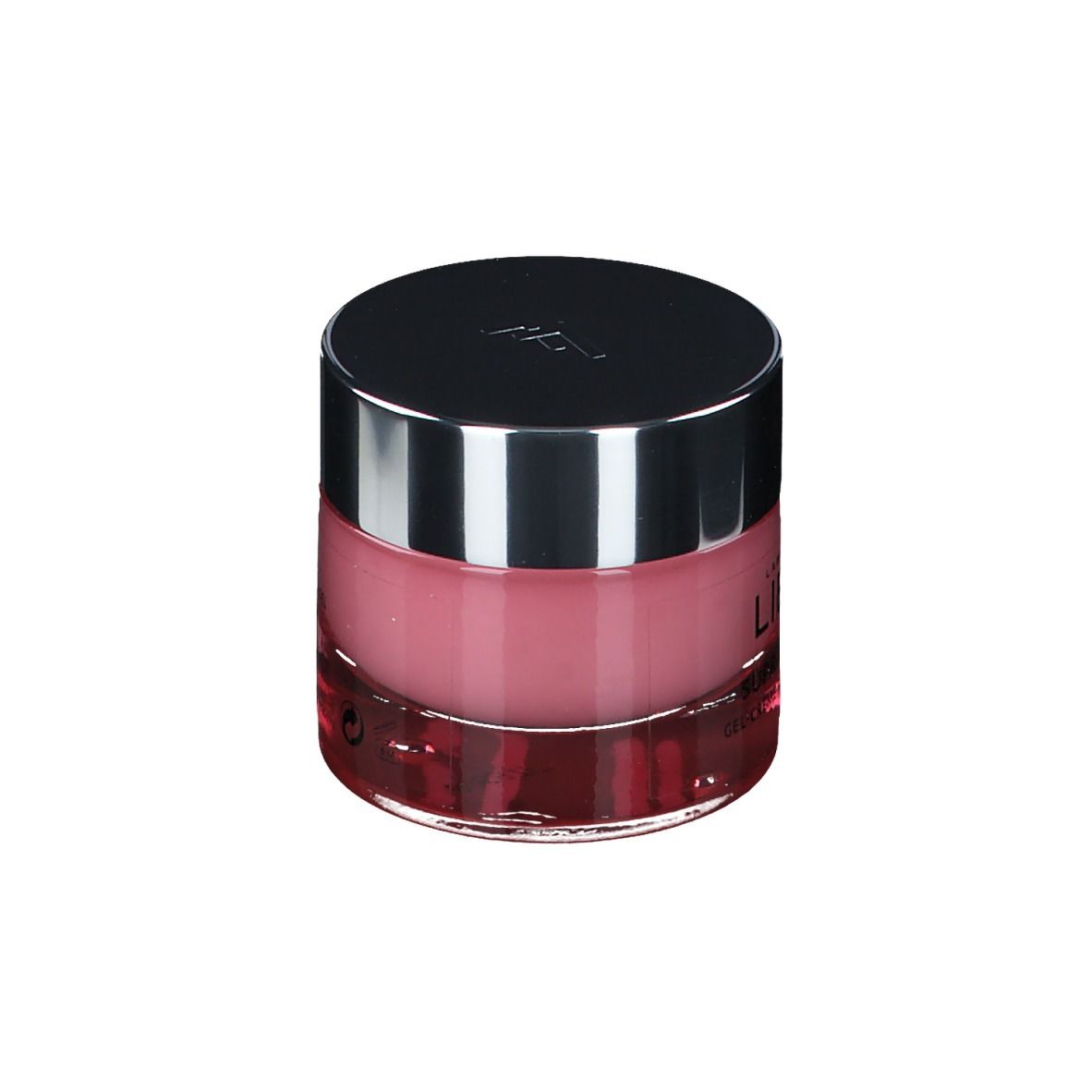 Pot rond avec gel-crème rose et couvercle argenté. LIERAC PARIS est inscrit sur le pot.
