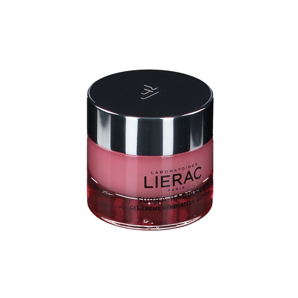 Pot rond avec gel-crème rose et couvercle argenté. LIERAC PARIS est inscrit sur le pot.