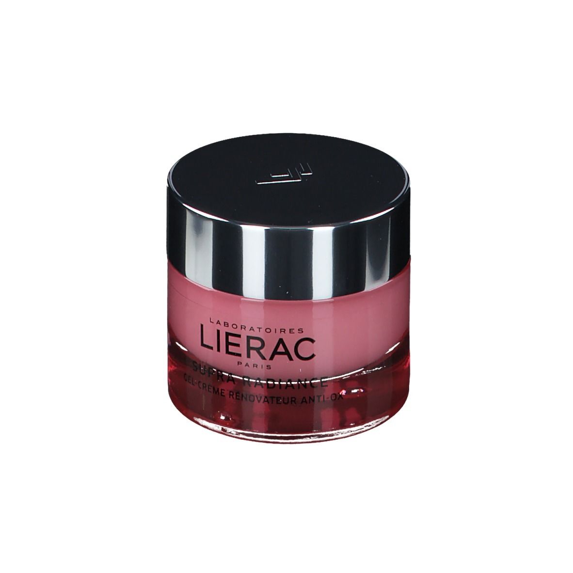 Pot rond avec gel-crème rose et couvercle argenté. LIERAC PARIS est inscrit sur le pot.