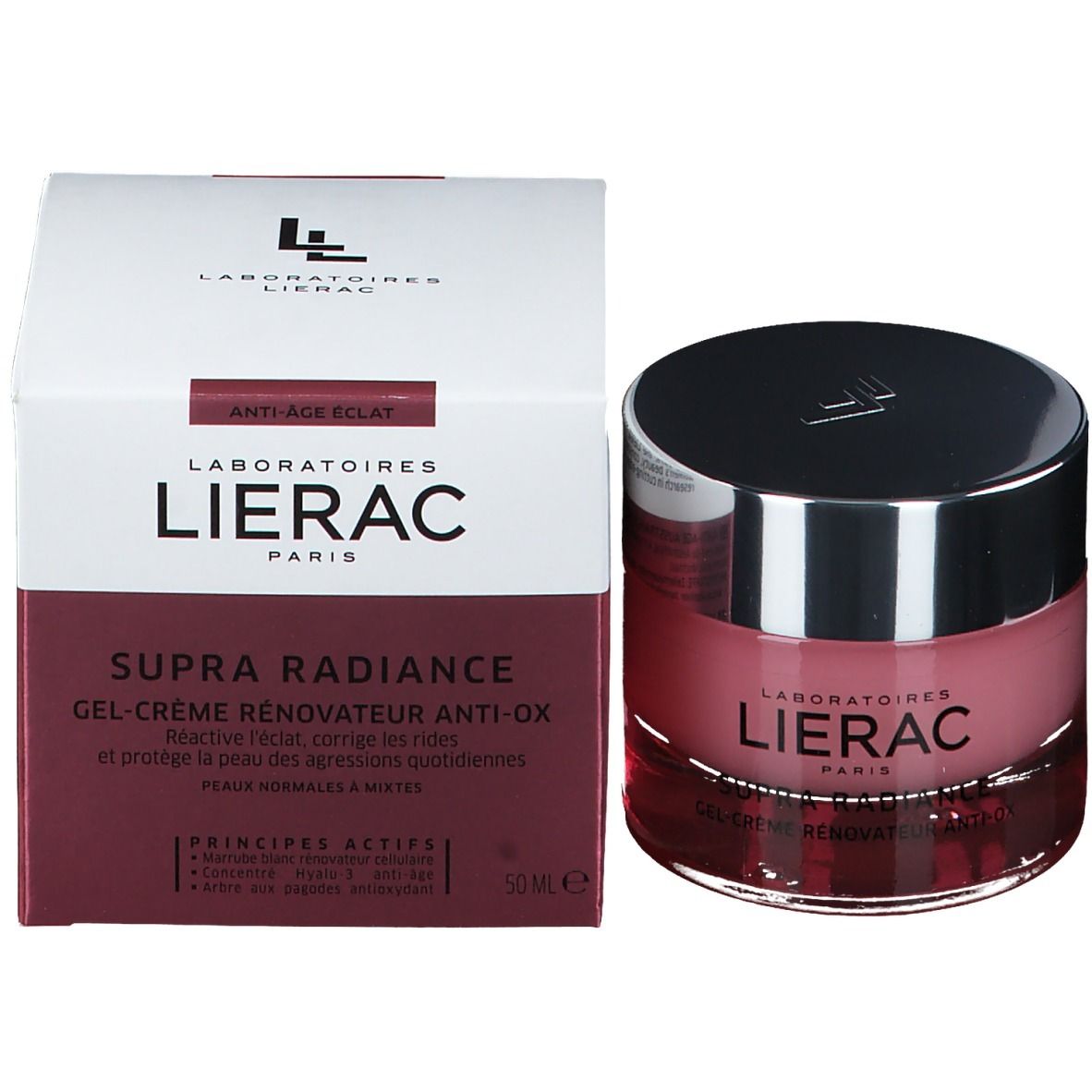 Emballage et pot. LIERAC PARIS est écrit sur l'emballage. Le pot a un couvercle argenté.