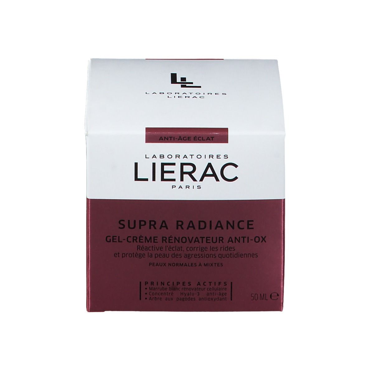 Emballage du produit. LIERAC PARIS et SUPRA RADIANCE GEL-CREME sont écrits sur l'emballage.
