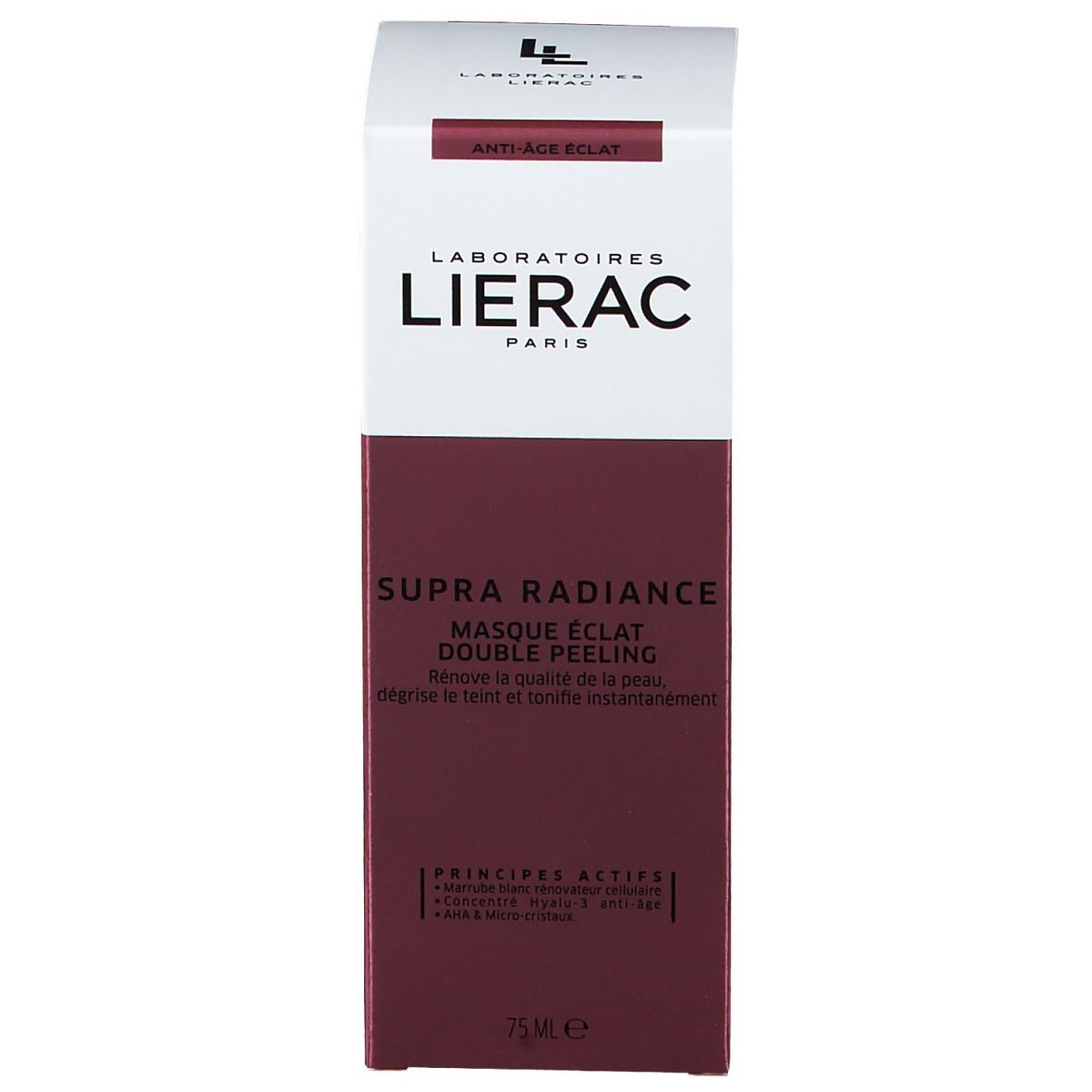 Boîte. Lierac Supra Radiance, Masque éclat double peeling. Texte: Anti-âge, 75 ml.
