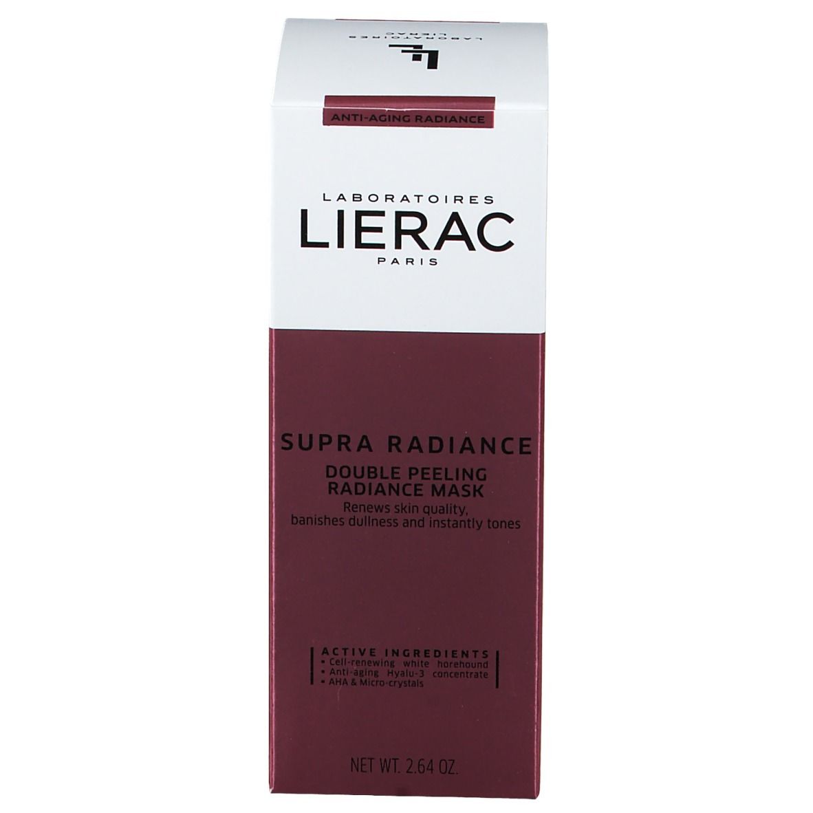Boîte. Lierac Supra Radiance, Masque éclat double peeling. Texte: Anti-rides, 75 ml.