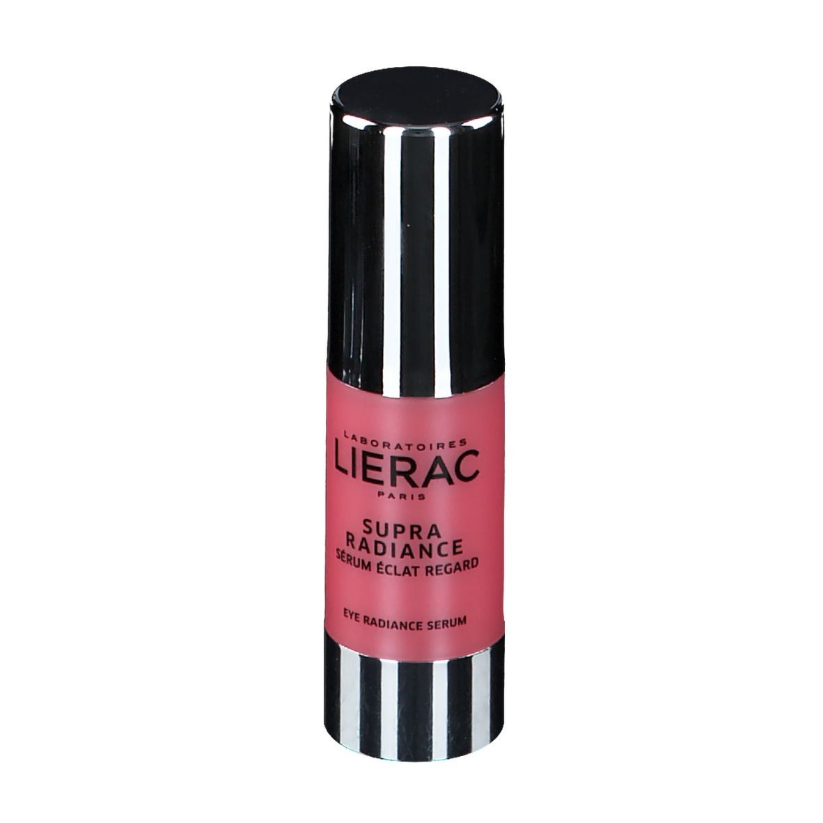 Flacon rose avec bouchon noir. Inscription: LIERAC, SUPRA RADIANCE, Serum Eclat Regard, Eye Radiance Serum.