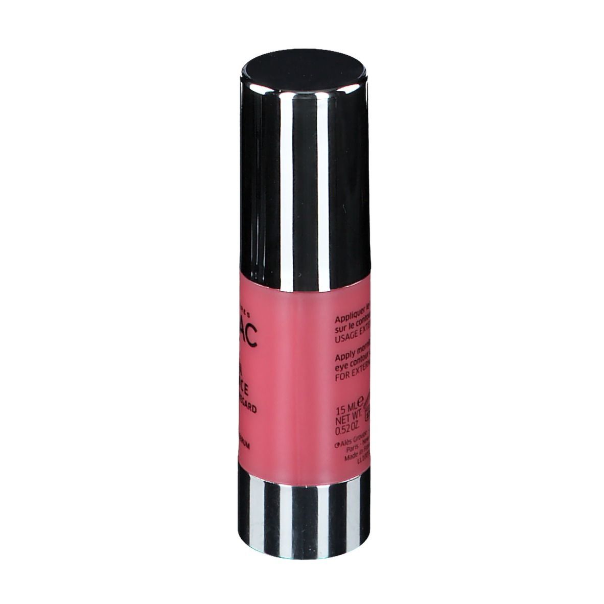 Flacon rose avec bouchon noir. Inscription: LIERAC, SUPRA RADIANCE. Texte pour l'utilisation et le contenu.