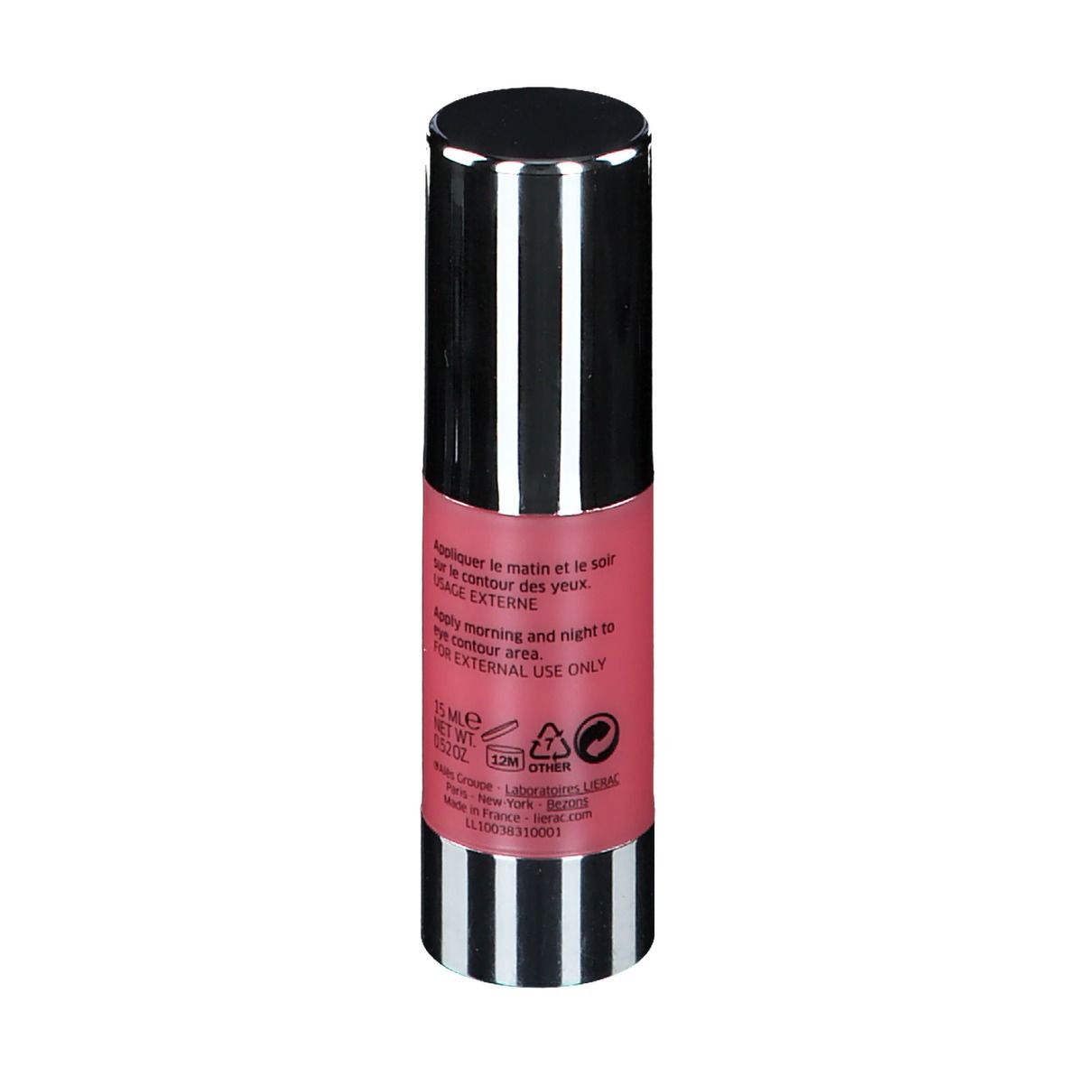 Flacon rose avec bouchon noir. Inscription: LIERAC, SUPRA RADIANCE. Texte pour l'utilisation et le contenu.