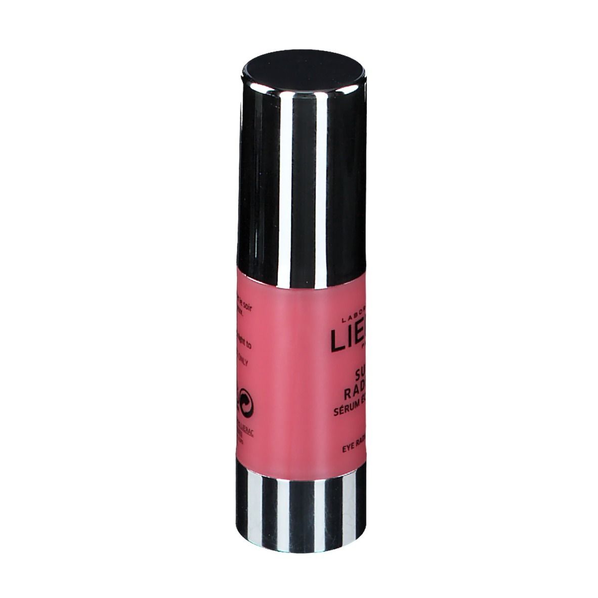 Flacon rose avec bouchon noir. Inscription: LIERAC, SUPRA RADIANCE, Serum Eclat Regard, Eye Radiance Serum.