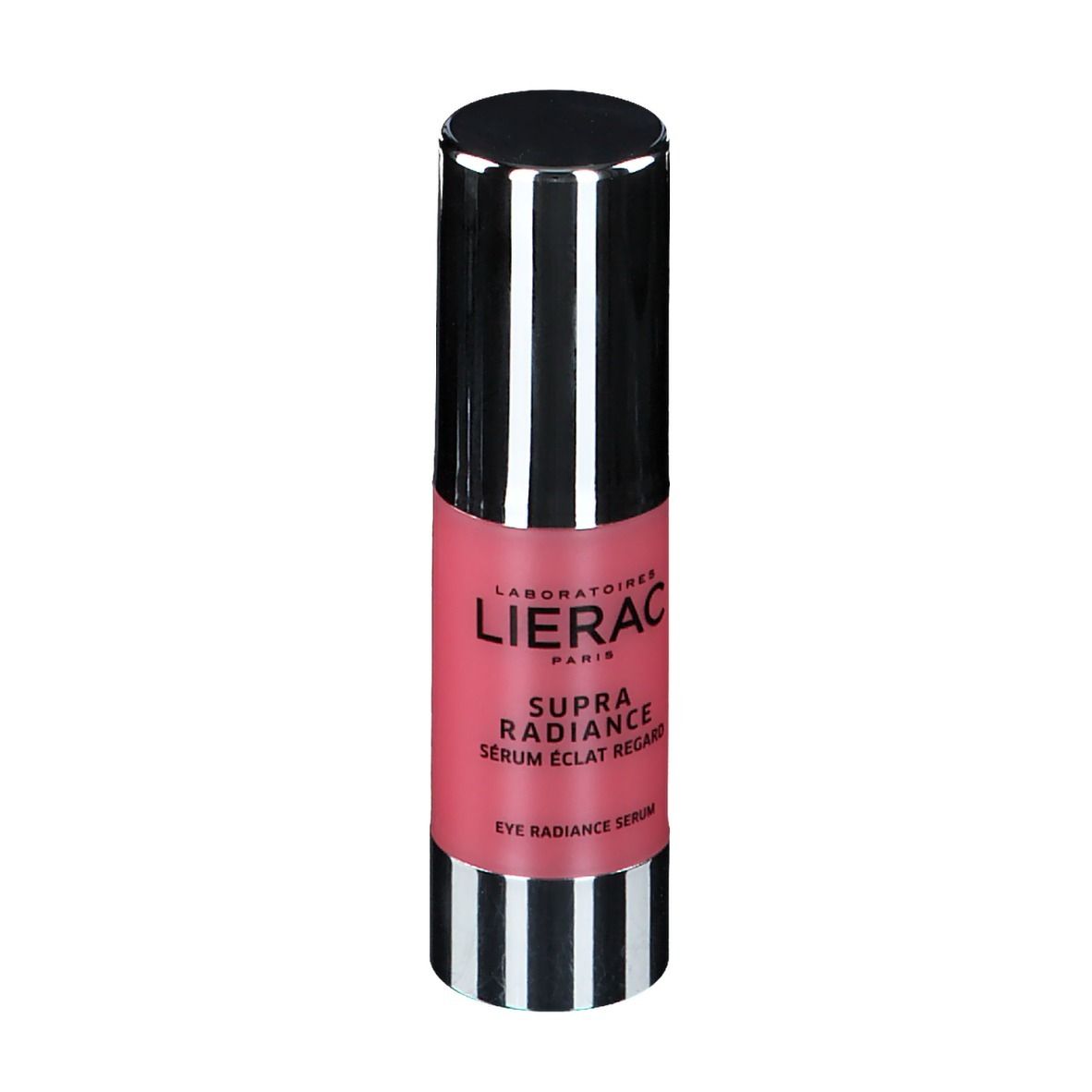 Flacon rose avec bouchon noir. Inscription: LIERAC, SUPRA RADIANCE, Serum Eclat Regard, Eye Radiance Serum.