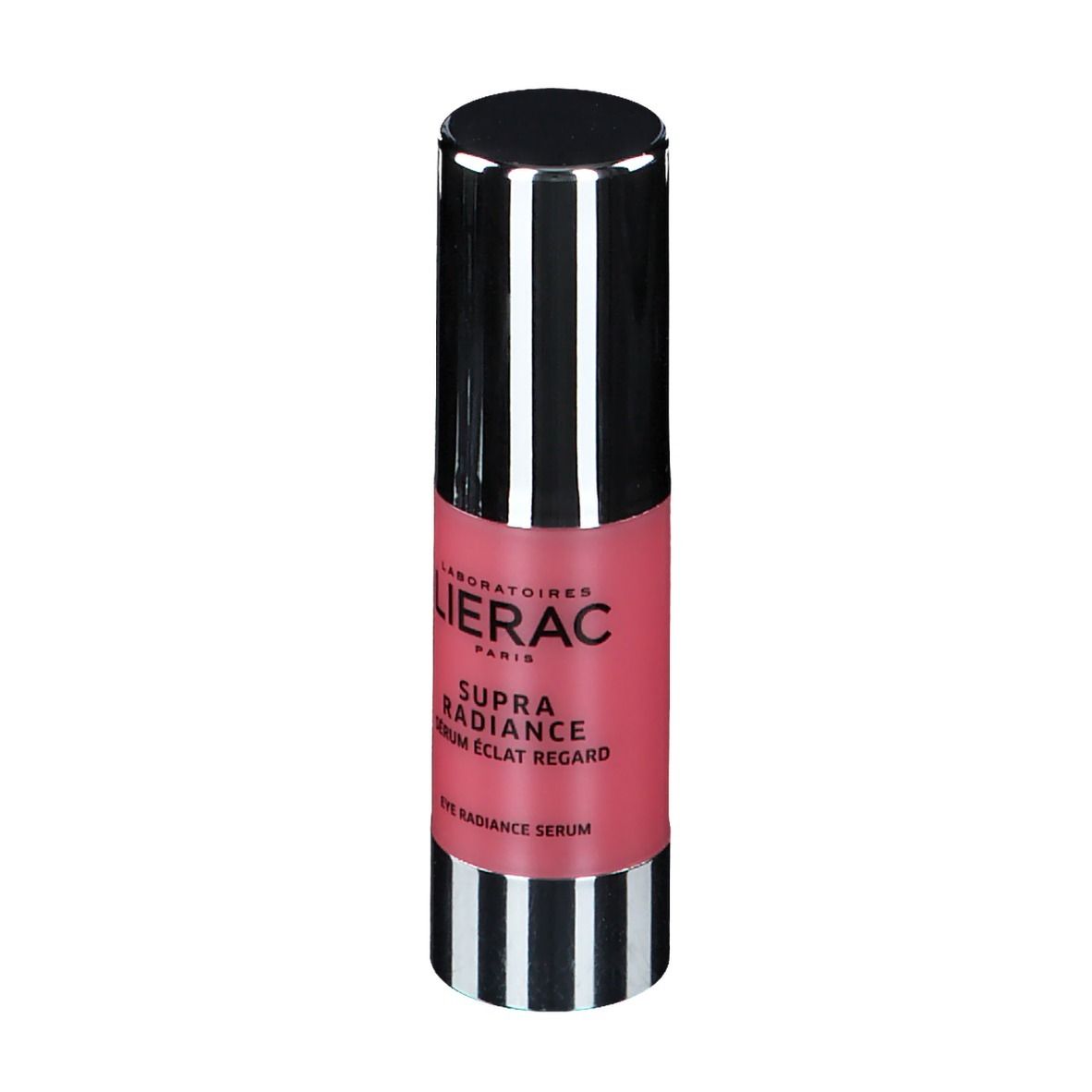 Flacon rose avec bouchon noir. Inscription: LIERAC, SUPRA RADIANCE, Serum Eclat Regard, Eye Radiance Serum.