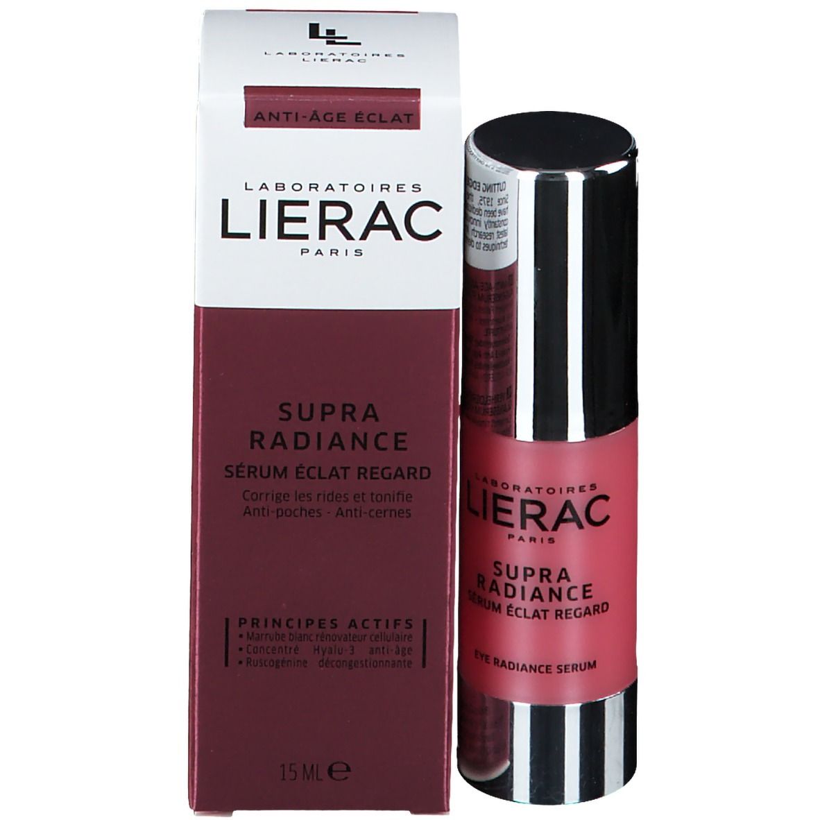 Produit et emballage. Inscription: LIERAC, SUPRA RADIANCE, Serum Eclat Regard. Anti-Age Eclat.