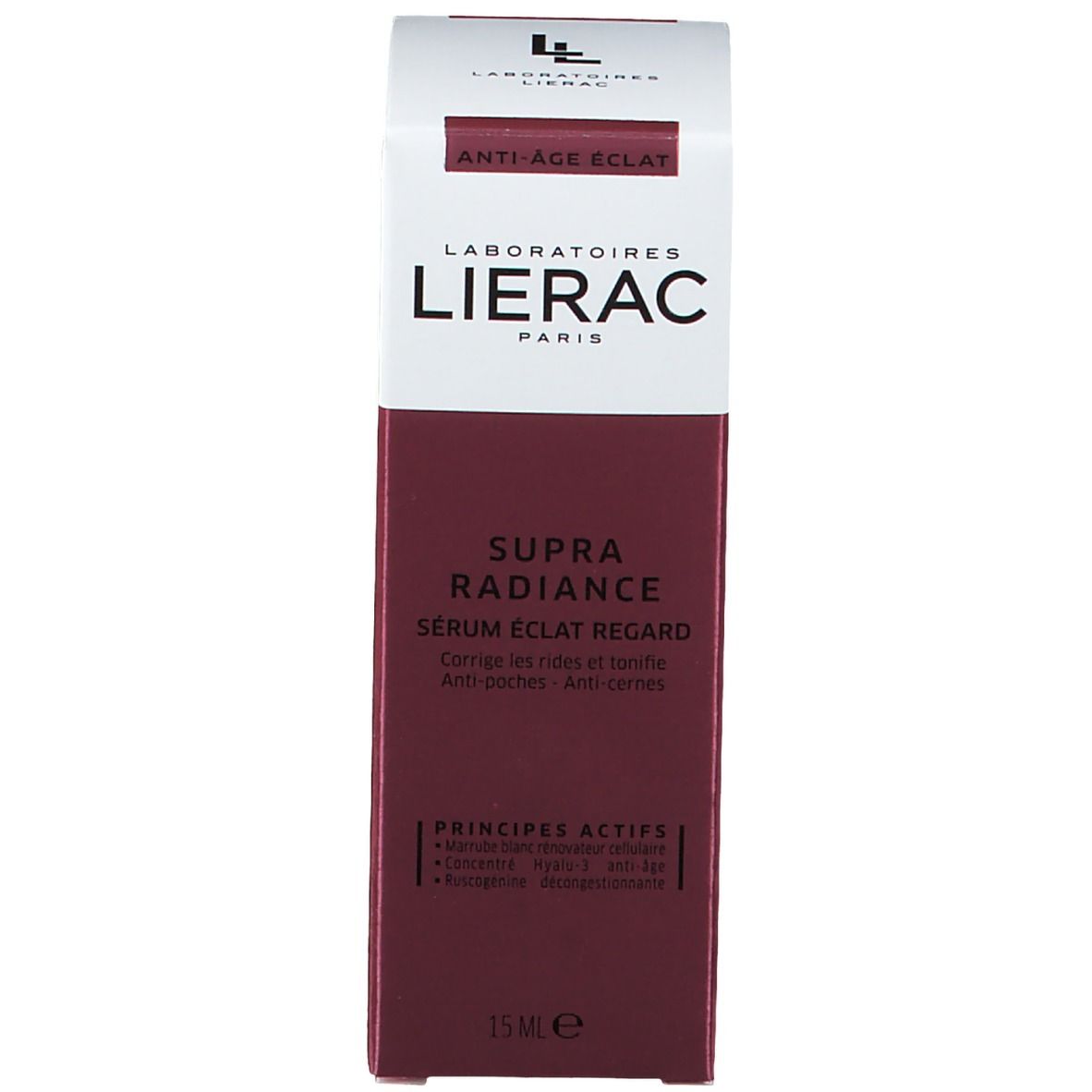 Produit et emballage. Inscription: LIERAC, SUPRA RADIANCE, Serum Eclat Regard. Anti-Age Eclat.
