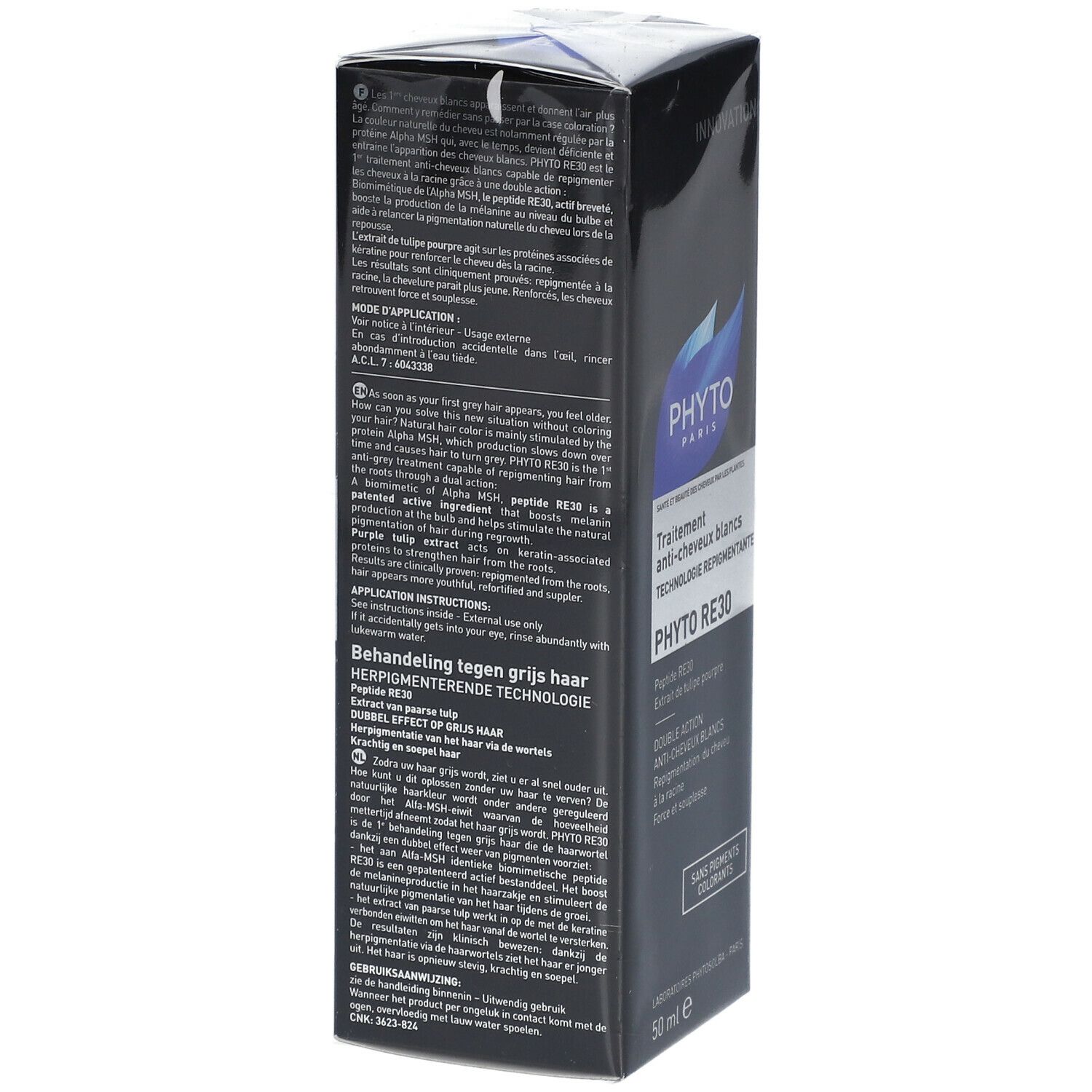 Boîte noire avec informations produit. Logo PHYTO PARIS et texte: PHYTO RE30, traitement anti-cheveux blancs. Vue arrière.