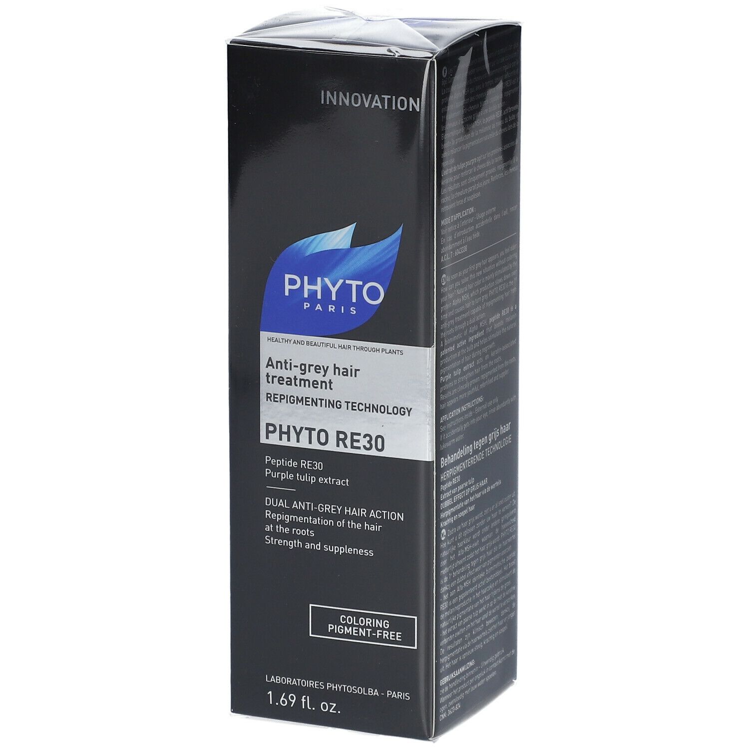Boîte noire avec informations produit. Logo PHYTO PARIS et texte: PHYTO RE30, traitement anti-cheveux blancs. 1.69 fl. oz.