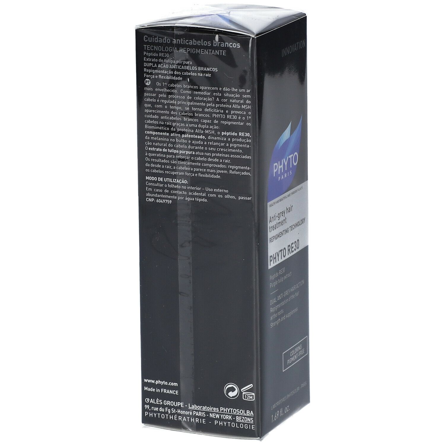 Boîte noire avec informations produit. Logo PHYTO PARIS et texte: PHYTO RE30, traitement anti-cheveux blancs. Vue latérale.
