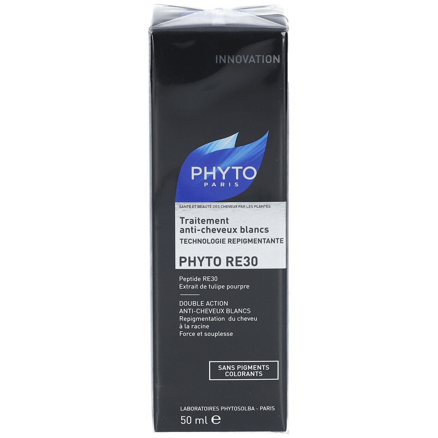Boîte noire avec informations produit. Logo PHYTO PARIS et texte: PHYTO RE30, traitement anti-cheveux blancs. 50 ml e.