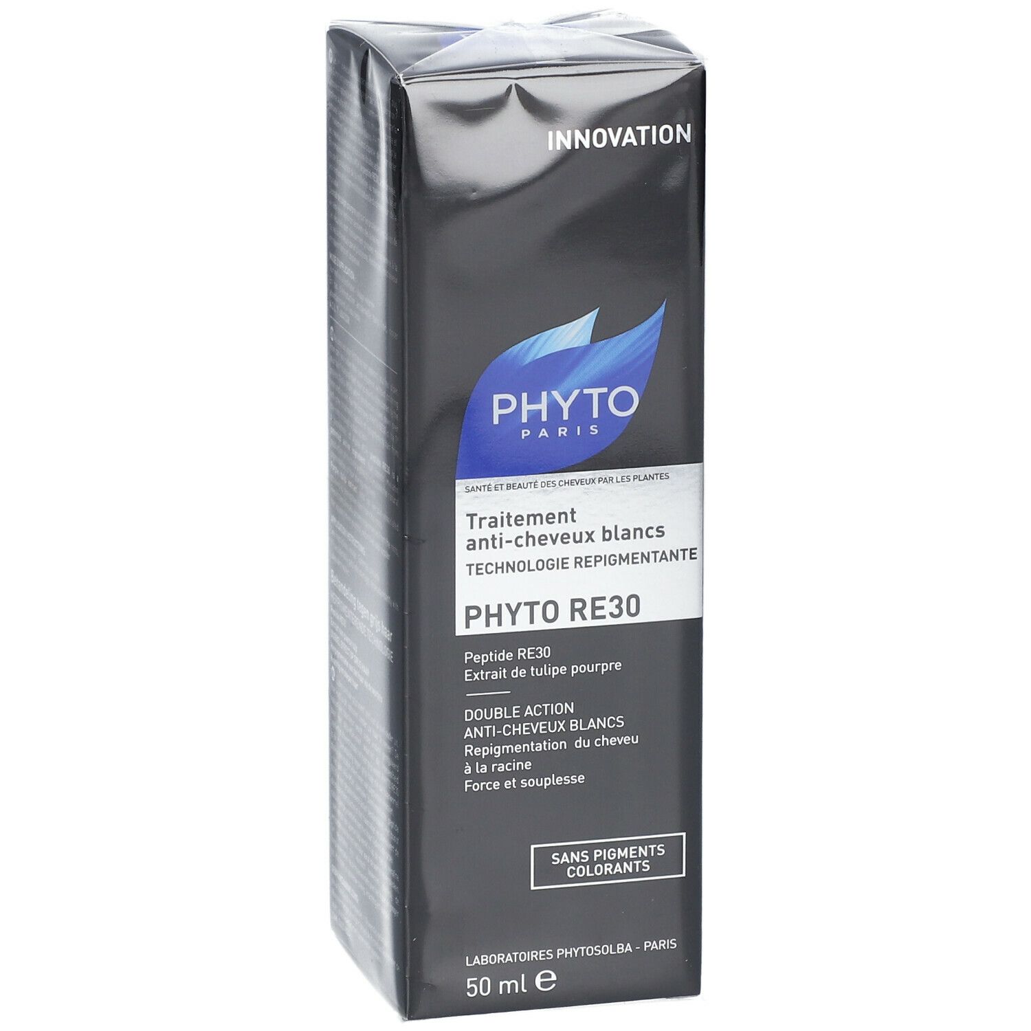 Boîte noire avec informations produit. Logo PHYTO PARIS et texte: PHYTO RE30, traitement anti-cheveux blancs. 50 ml e.