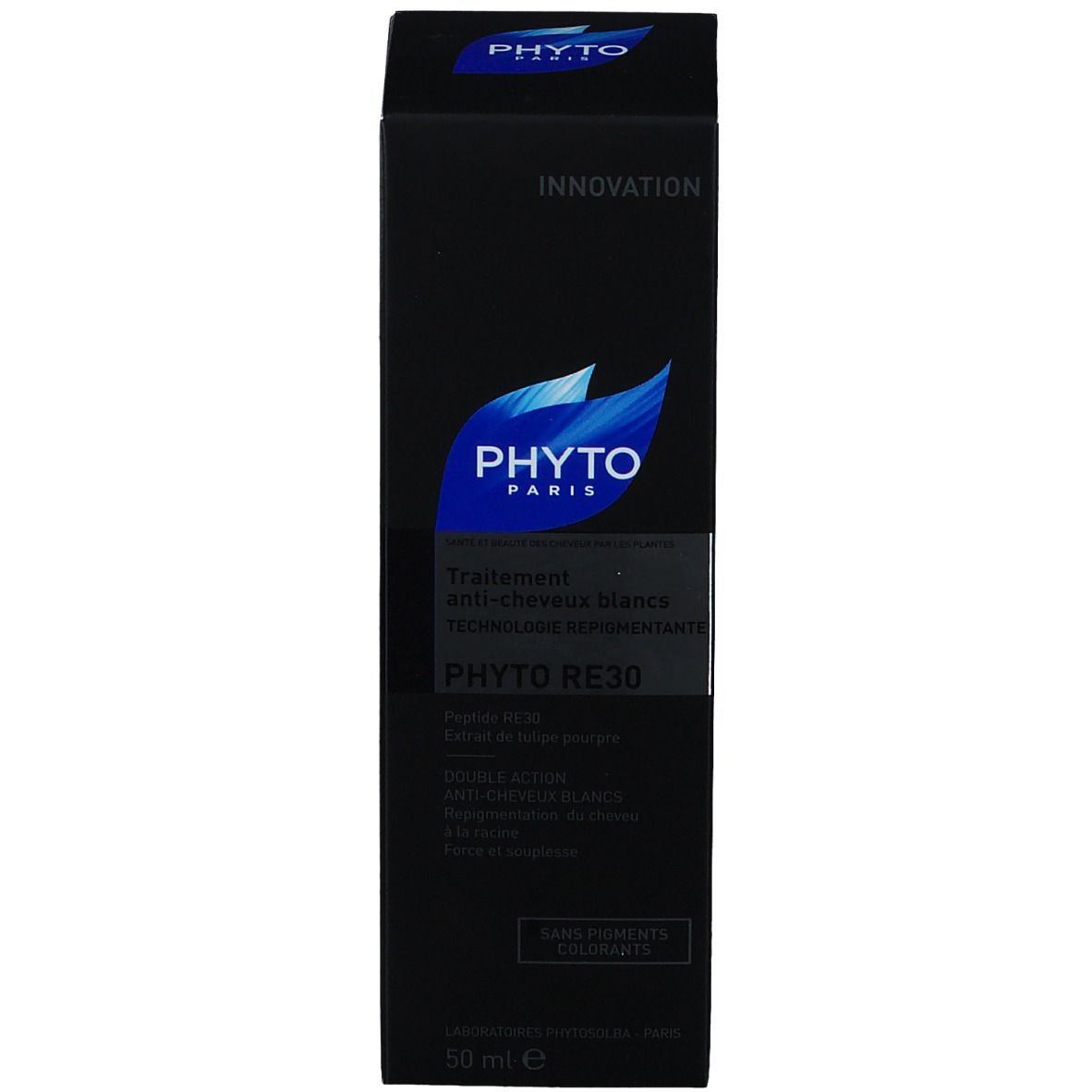 Boîte noire avec informations produit. Logo PHYTO PARIS et texte: PHYTO RE30, traitement anti-cheveux blancs. 50 ml e.