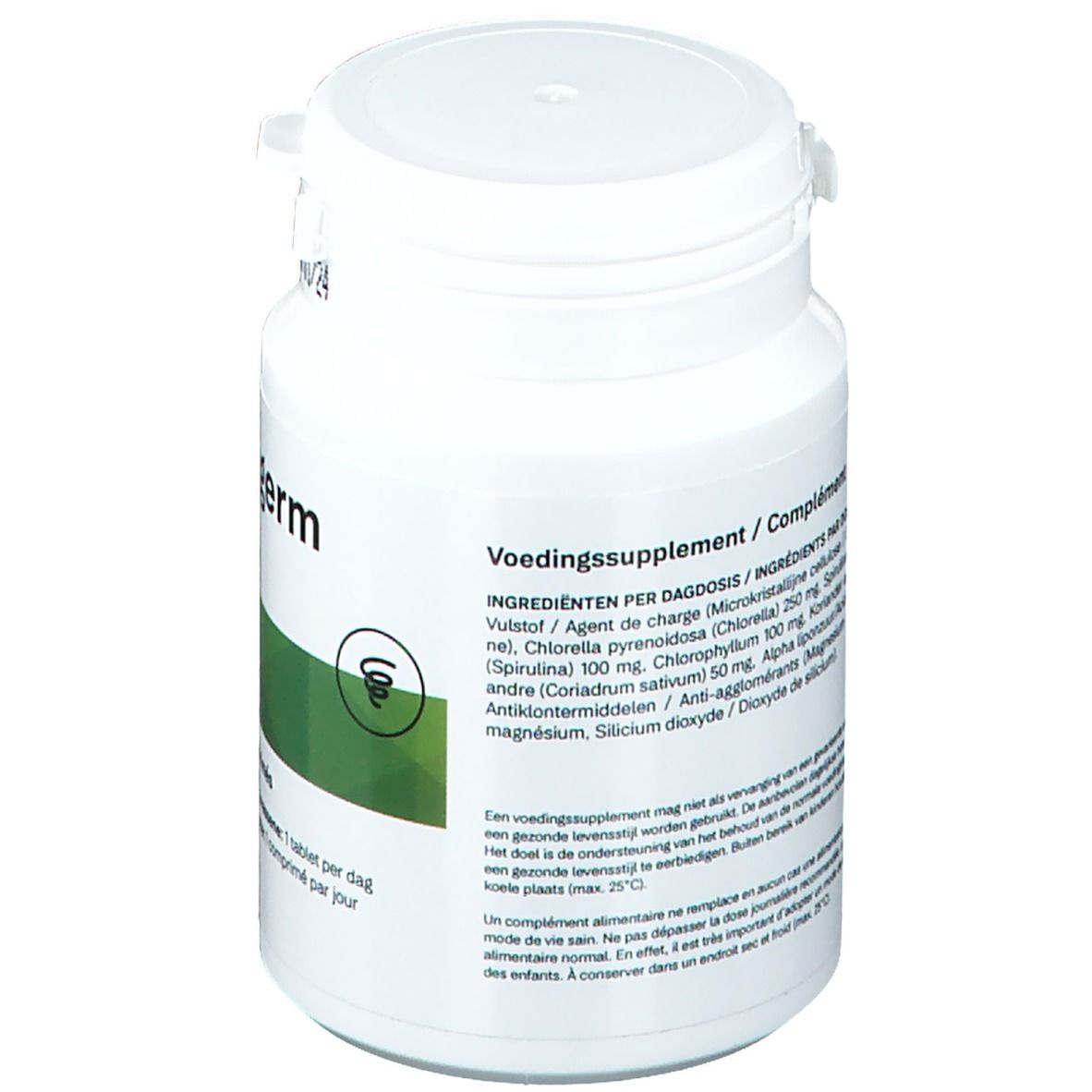 Witte tablettenfles met klapdeksel. Opschrift: Chlorogerm Bioamoles. Ingrediëntenlijst en voedingswaarde-informatie op de achterkant.