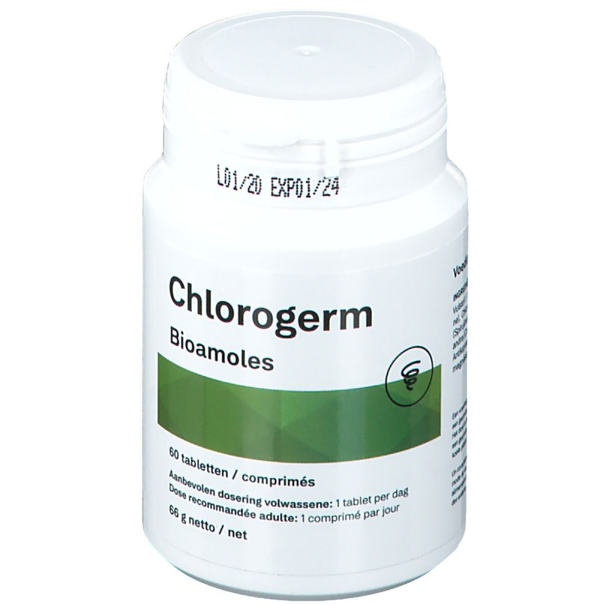 Witte tablettenfles met klapdeksel. Opschrift: Chlorogerm Bioamoles. 60 tabletten. Houdbaarheidsdatum: 01/24.