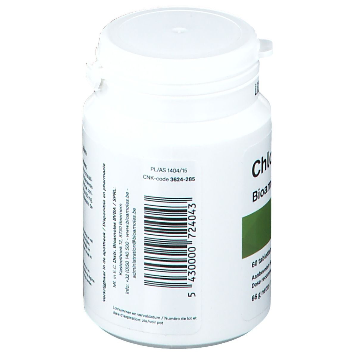 Witte tablettenfles met klapdeksel. Opschrift: Chlorogerm Bioamoles. Achterkant met informatie en barcode.