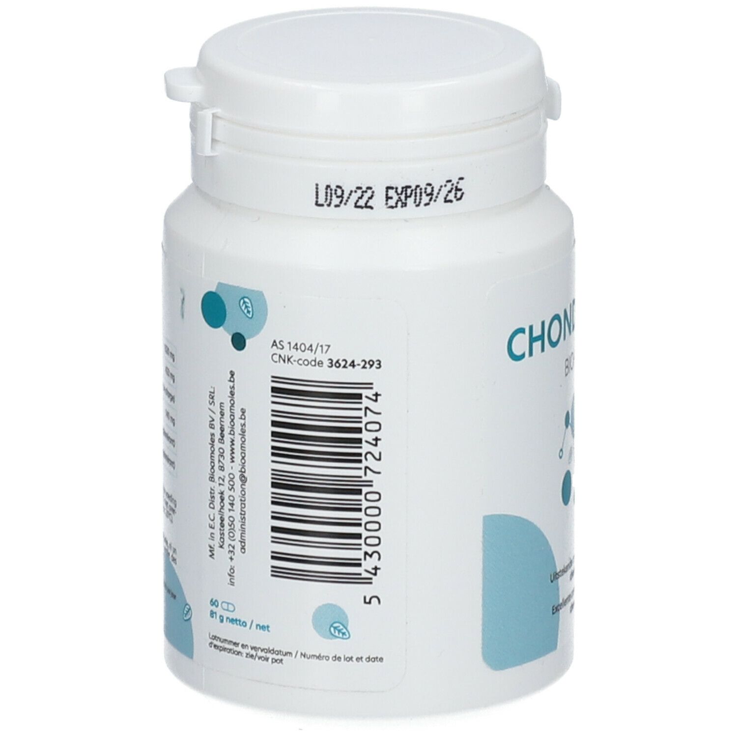 Achterkant van een witte plastic fles. Opschrift: CHONDROPHAR. Barcode en lotnummer. Datums: L09/22 EXP09/26.