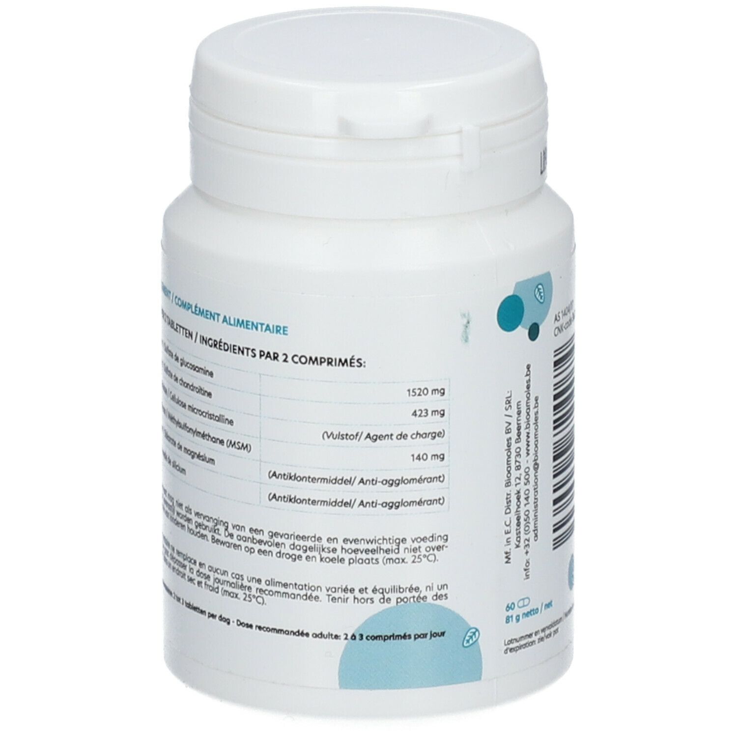 Achterkant van de witte fles. Lijst van ingrediënten per 2 tabletten. Tekst in het Duits en Frans. 60 g netto.