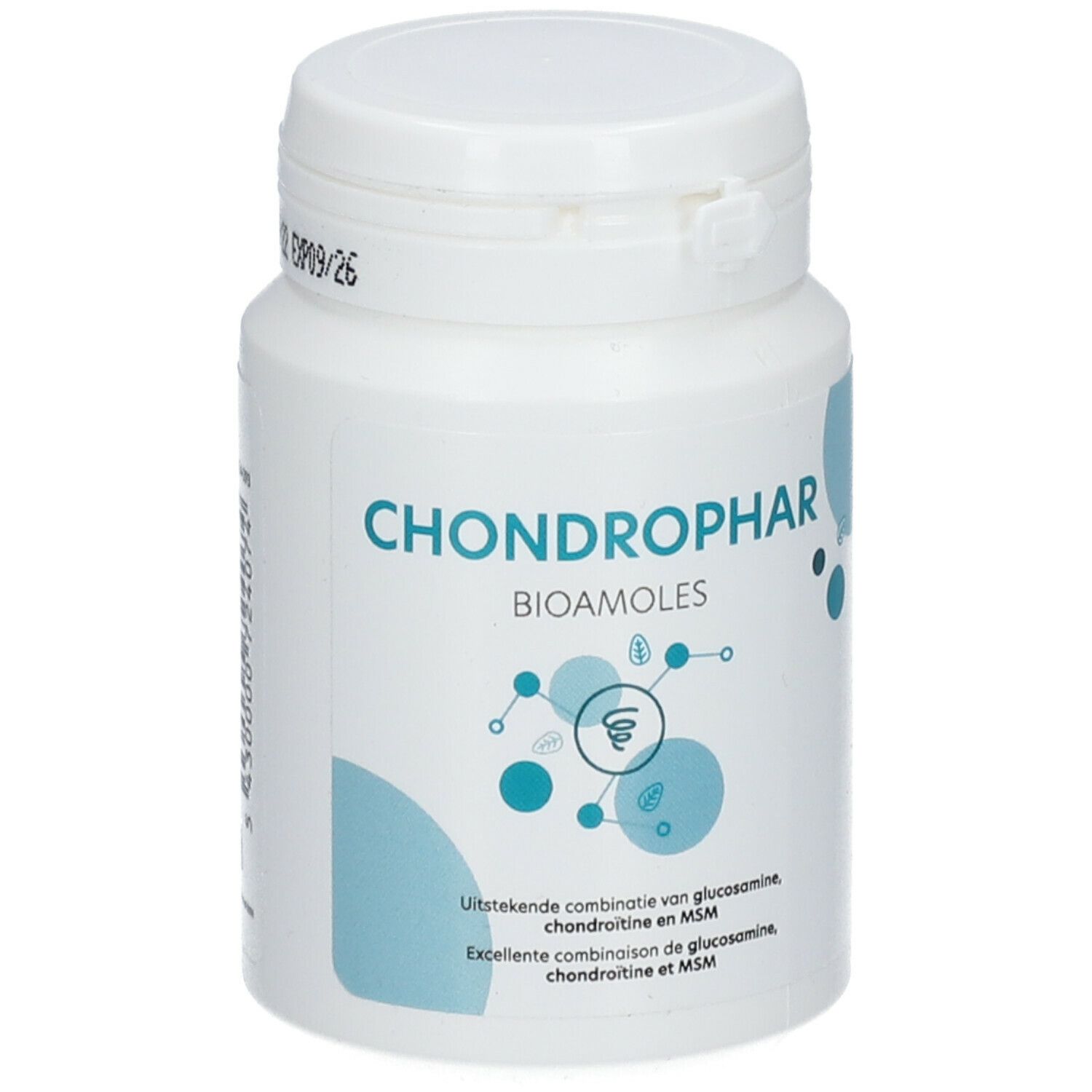 Witte plastic fles met deksel. Opschrift: CHONDROPHAR BIOAMOLES. Blauwe designelementen. Tekst: Uitstekende combinatie van glucosamine...