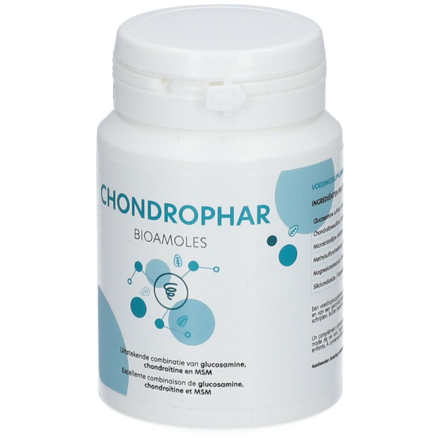 Witte plastic fles met deksel. Opschrift: CHONDROPHAR BIOAMOLES. Lijst van ingrediënten. Tekst in het Duits en Nederlands.