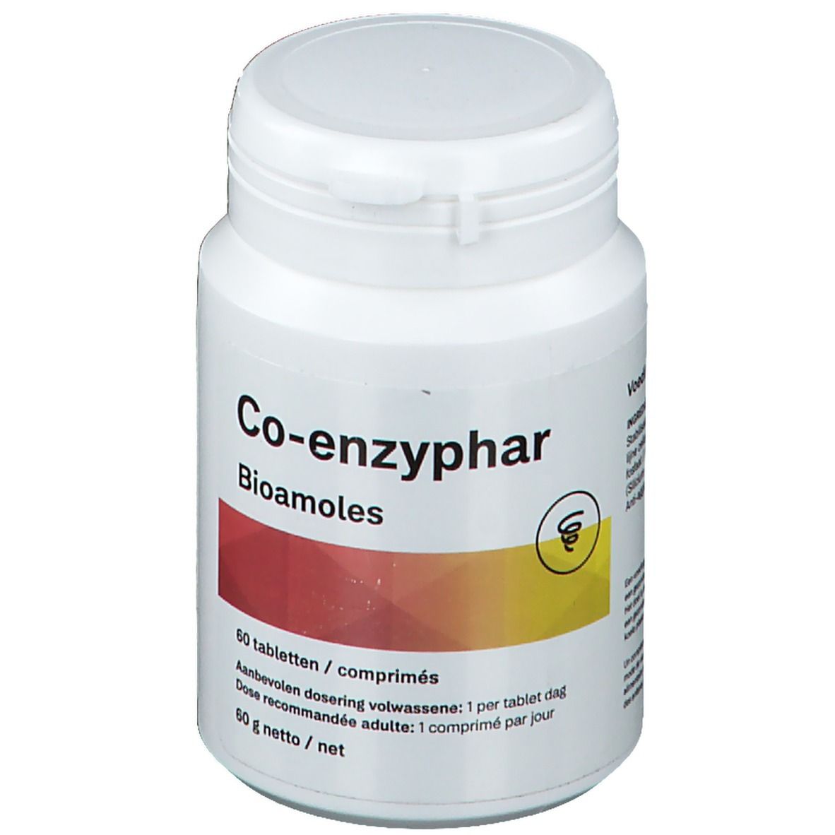 Weiße Tablettenflasche mit rotem und gelbem Etikett. Aufschrift: Co-enzyphar, Bioamoles. 60 Tabletten. 60 g netto.