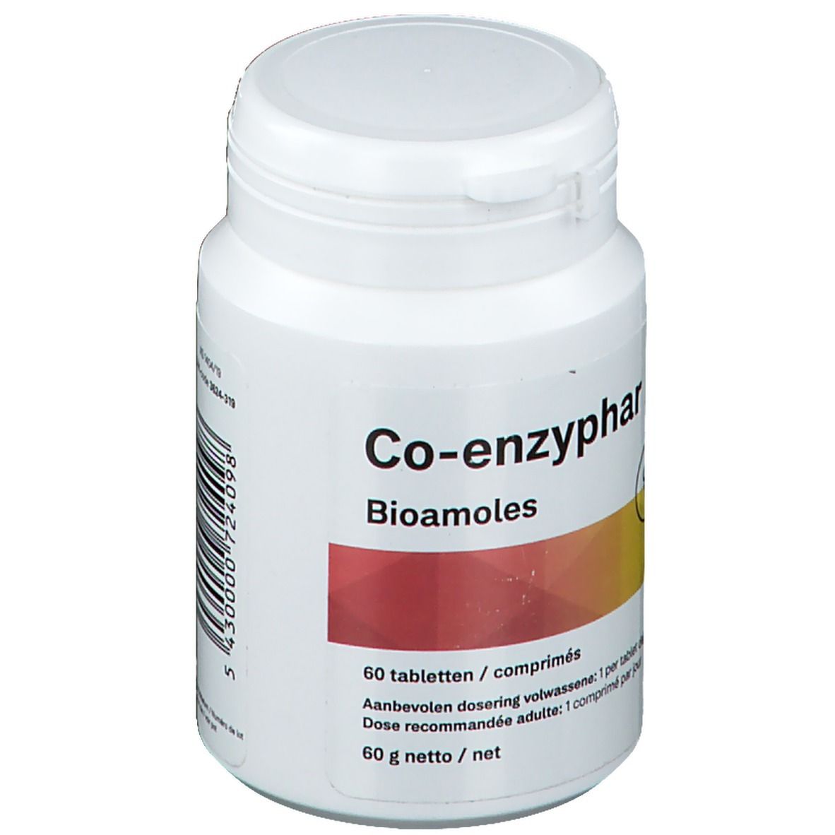 Weiße Tablettenflasche mit rotem und gelbem Etikett. Aufschrift: Co-enzyphar, Bioamoles. 60 Tabletten. 60 g netto. Barcode.