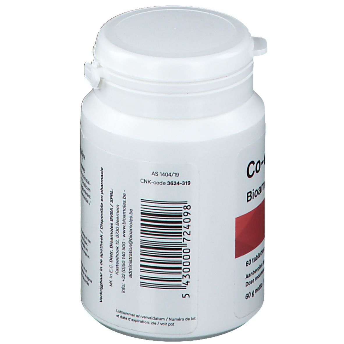 Weiße Tablettenflasche. Aufschrift: Co-enzyphar. 60 Tabletten. Barcode. Rückansicht.