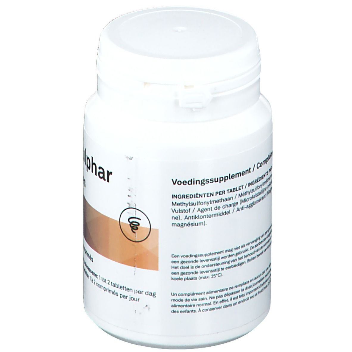 Witte fles tabletten met ingrediëntenlijst. Bevat methylsulfonylmethaan, magnesiumstearaat, etc.