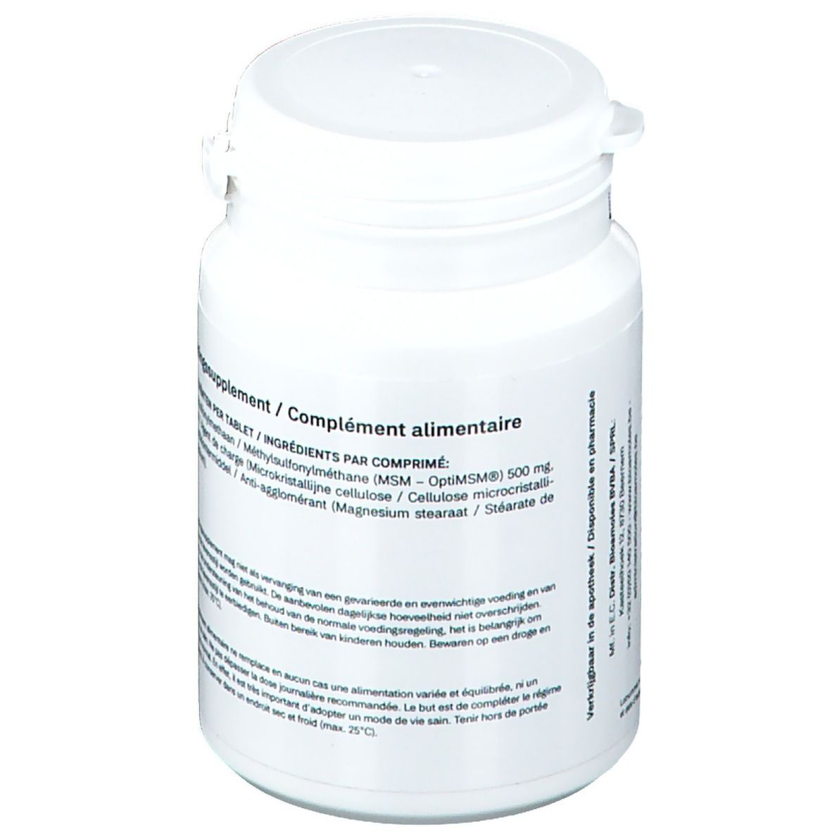 Witte fles tabletten met ingrediëntenlijst. Bevat methylsulfonylmethaan, microkristallijne cellulose, etc.