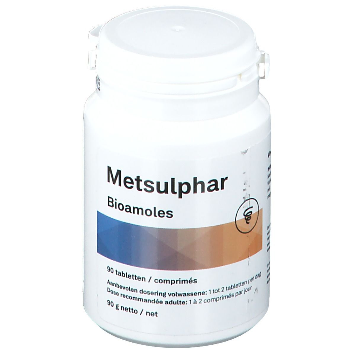 Witte fles tabletten Metsulphar Bioamoles. Bevat 90 tabletten. Dosering: 1-2 tabletten.