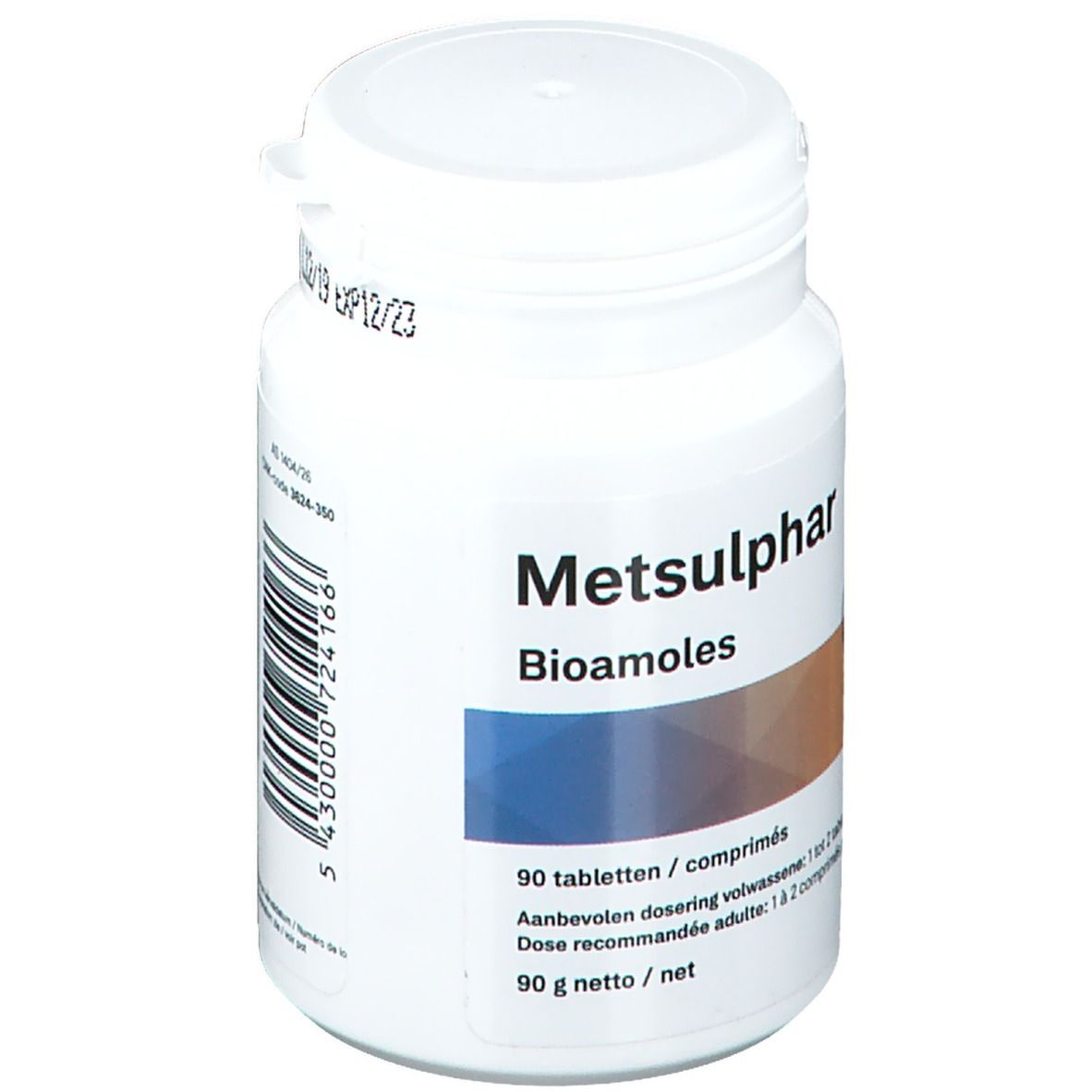 Witte fles tabletten Metsulphar Bioamoles. Bevat 90 tabletten. Dosering: 1-2 tabletten.