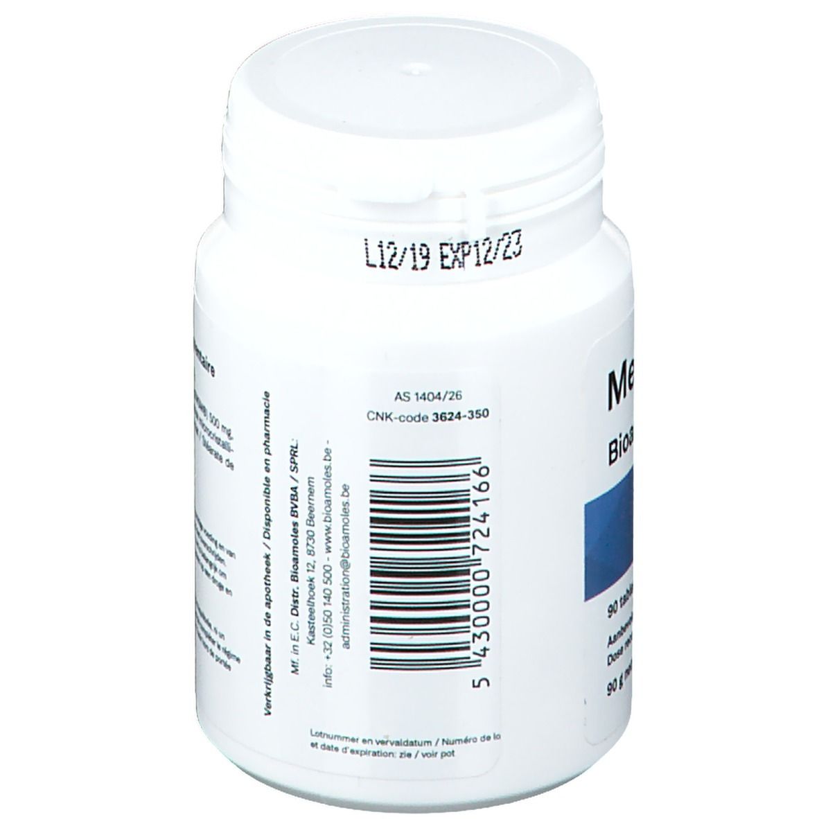 Witte fles tabletten met barcode en vervaldatum. Bevat Metsulphar Bioamoles. CNK-code 3624-350.