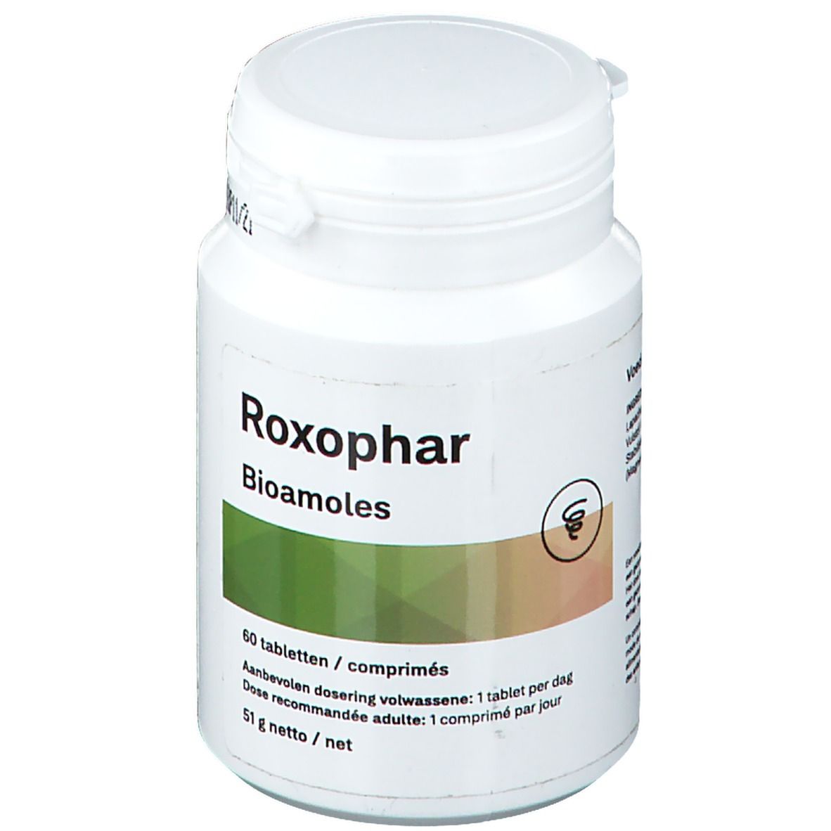 Flacon blanc de comprimés "Roxophar Bioamoles". 60 comprimés. Dosage: 1 comprimé par jour. 51g net.