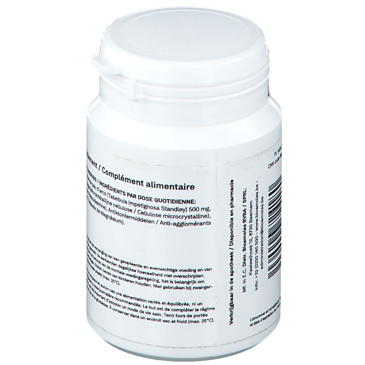 Dos du flacon de comprimés avec ingrédients: Tabebuia impetiginosa, cellulose, stéarate de magnésium. Texte en néerlandais et français.
