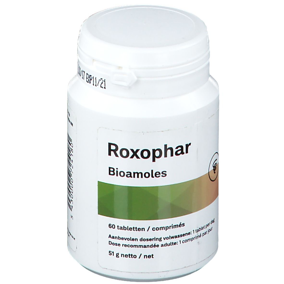 Flacon blanc de comprimés "Roxophar Bioamoles". 60 comprimés. Dosage: 1 comprimé par jour. 51g net. Péremption 11/21.