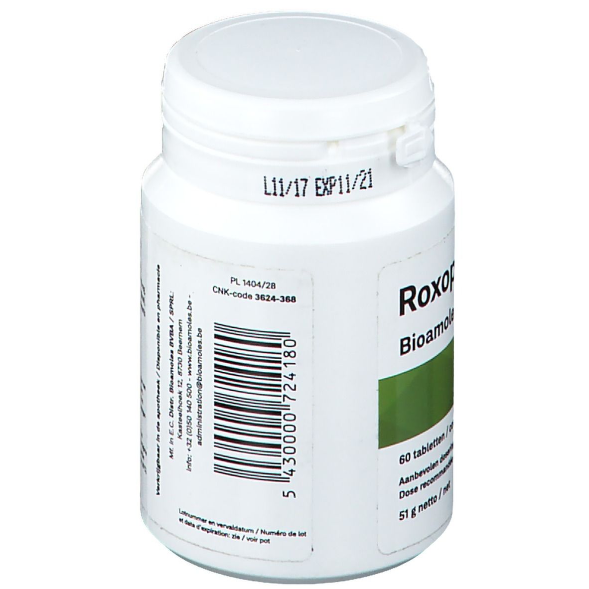 Flacon blanc de comprimés "Roxophar Bioamoles". 60 comprimés. Péremption 11/21. Code-barres et numéro de lot.
