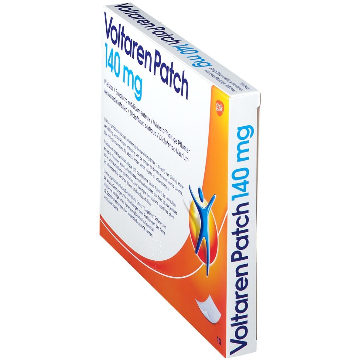 Boîte de Voltaren Patch 140 mg. Carton blanc avec texte bleu et orange. Logo avec une silhouette humaine.