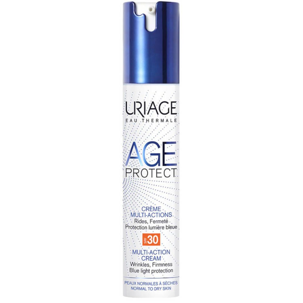 Uriage Age Protect Crème SPF30. Tube blanche, bouchon bleu. Texte: Age Protect, Crème Multi-Actions, SPF30.