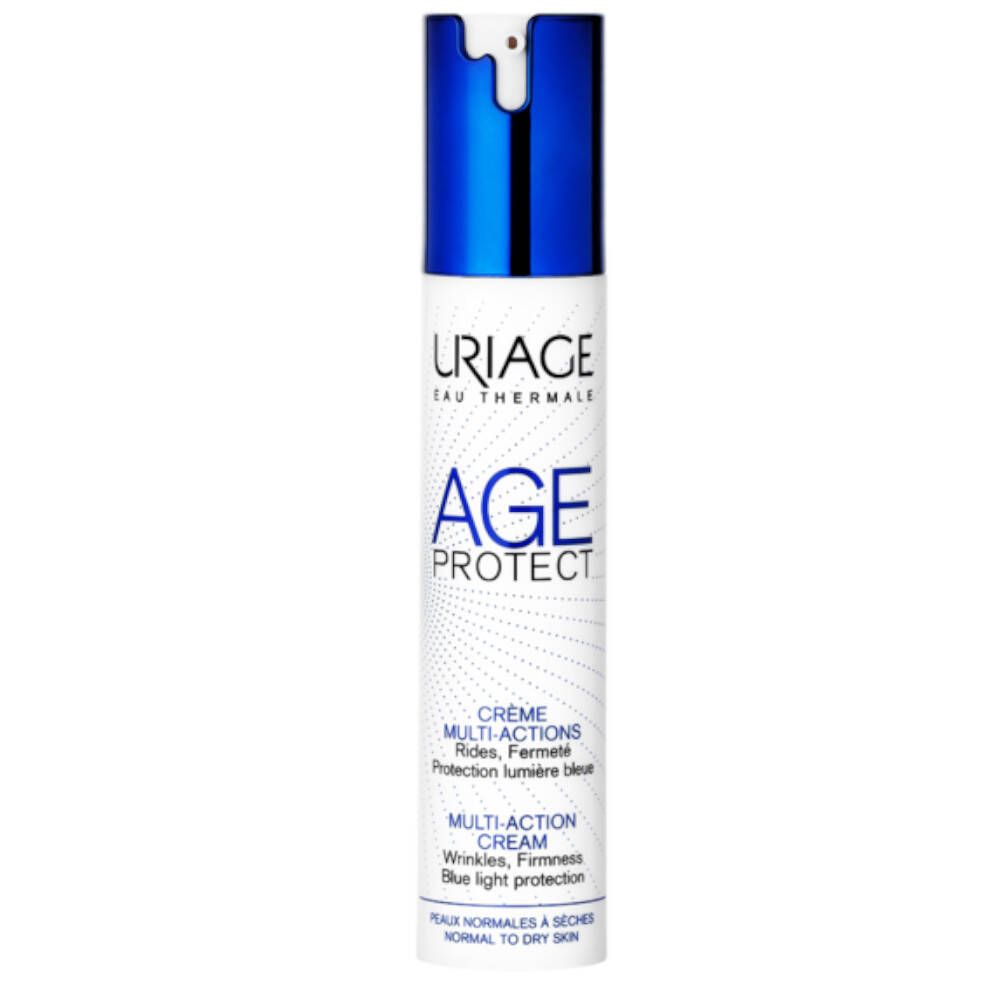 Uriage Age Protect crème. Blauwe en witte tube. Tekst: Age Protect, Multi-Action Cream. Voor droge huid.