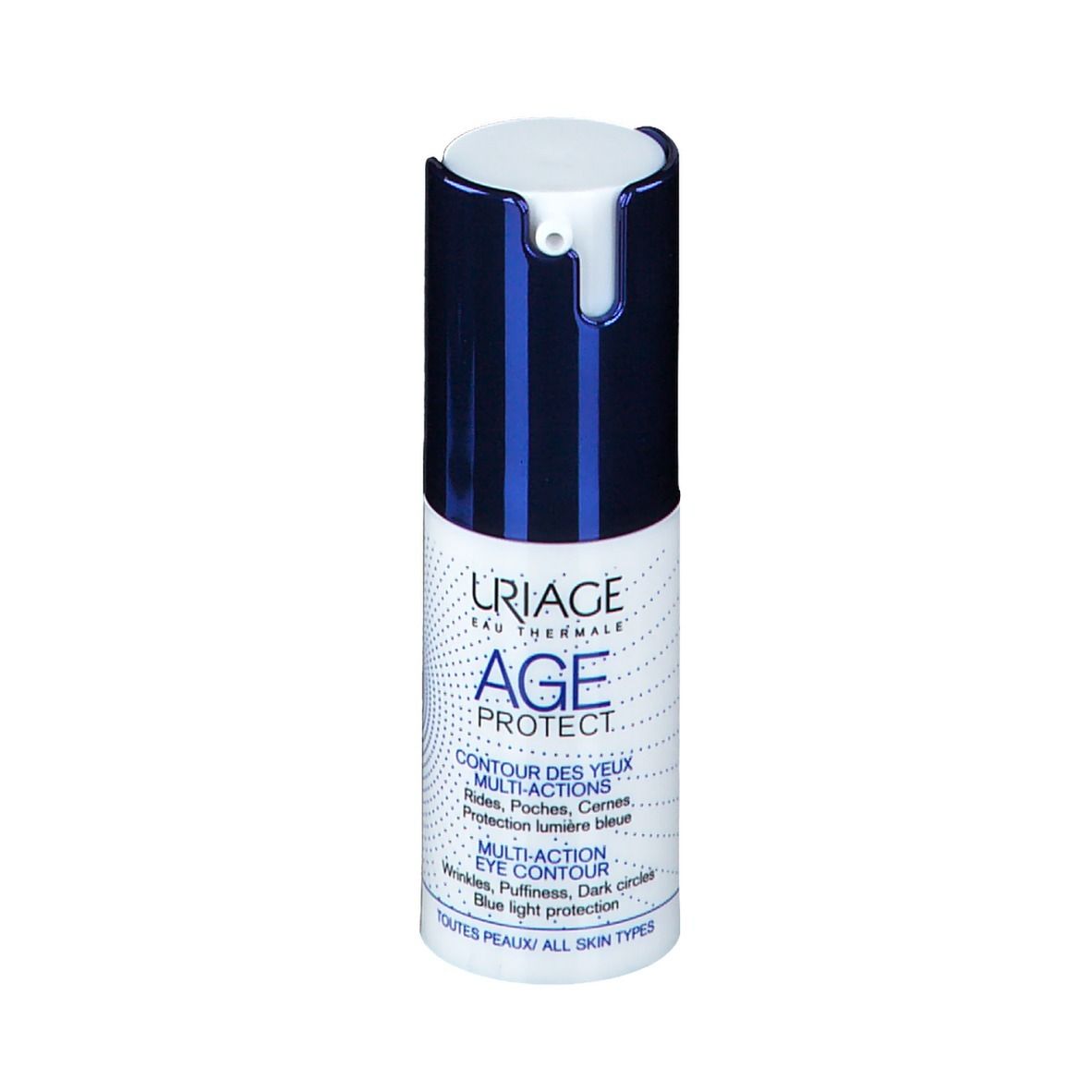 Wit en blauw flesje URIAGE AGE PROTECT. Multi-action oogcontourcrème.