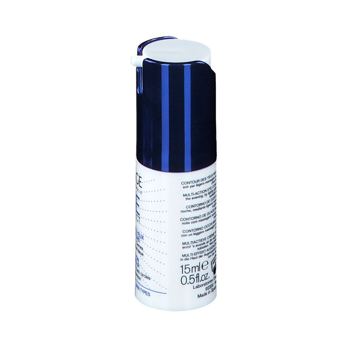 Achterkant flesje. Tekst: Contour des yeux multi-actions, 15 ml, Laboratoires d'Uriage.