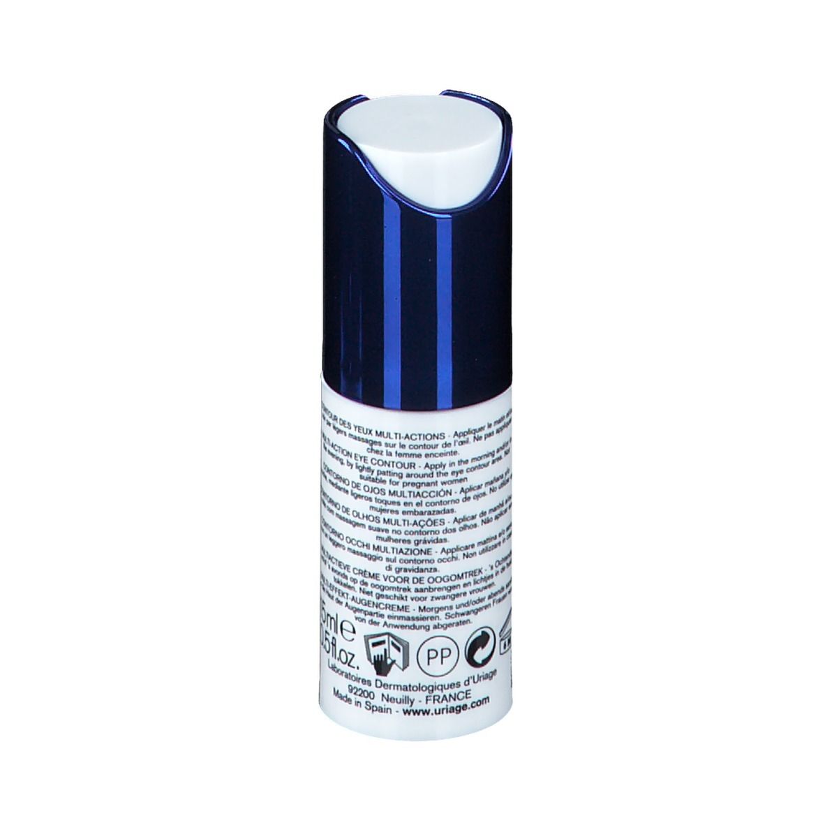 Achterkant flesje. Tekst: Contour des yeux multi-actions, 15 ml, Laboratoires d'Uriage.