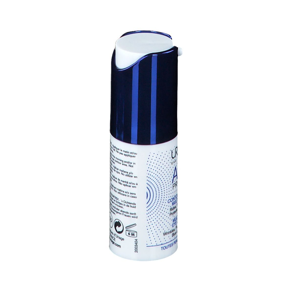 Achterkant flesje. Tekst: Contour des yeux multi-actions, 15 ml, Laboratoires d'Uriage.