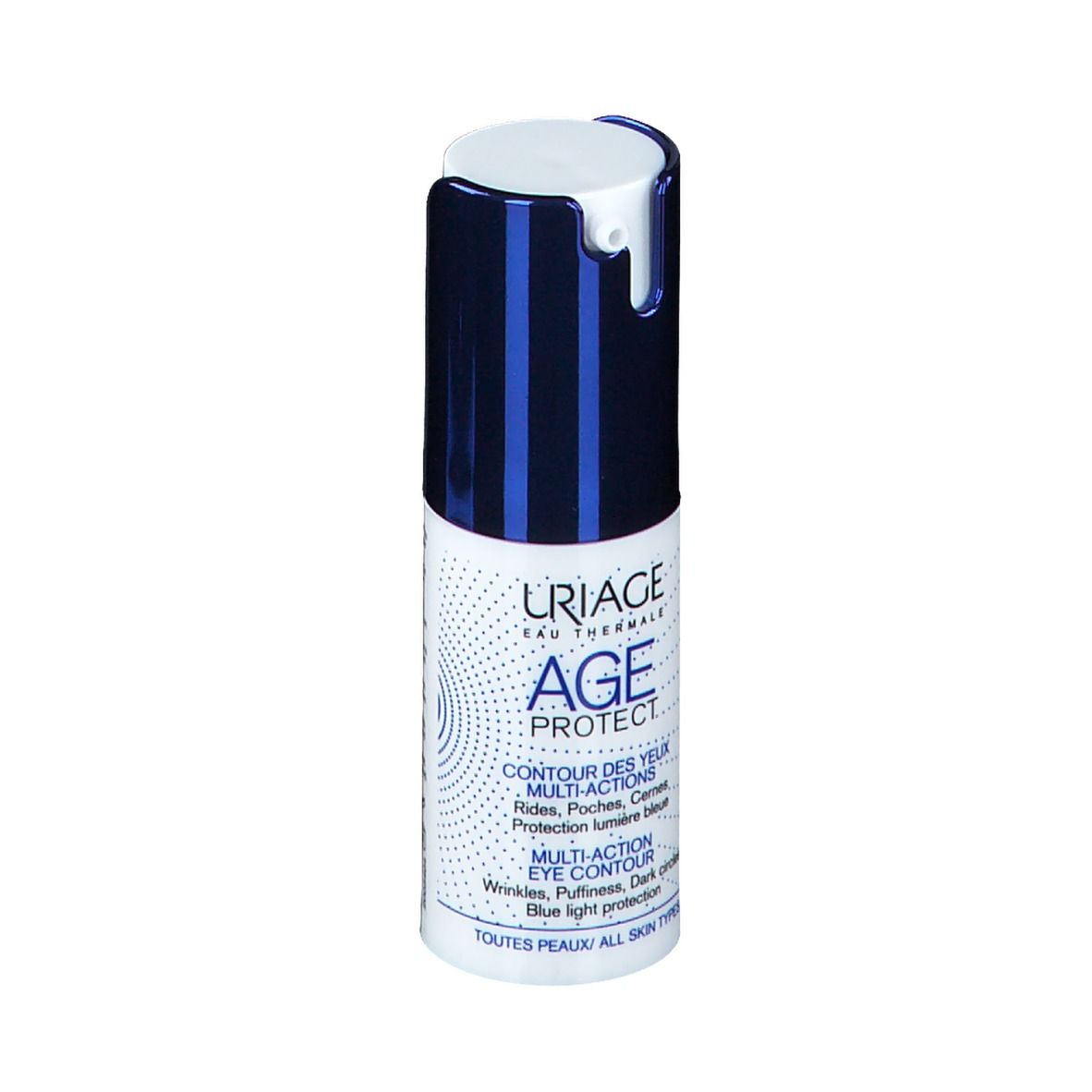 Wit en blauw flesje URIAGE AGE PROTECT. Multi-action oogcontourcrème.