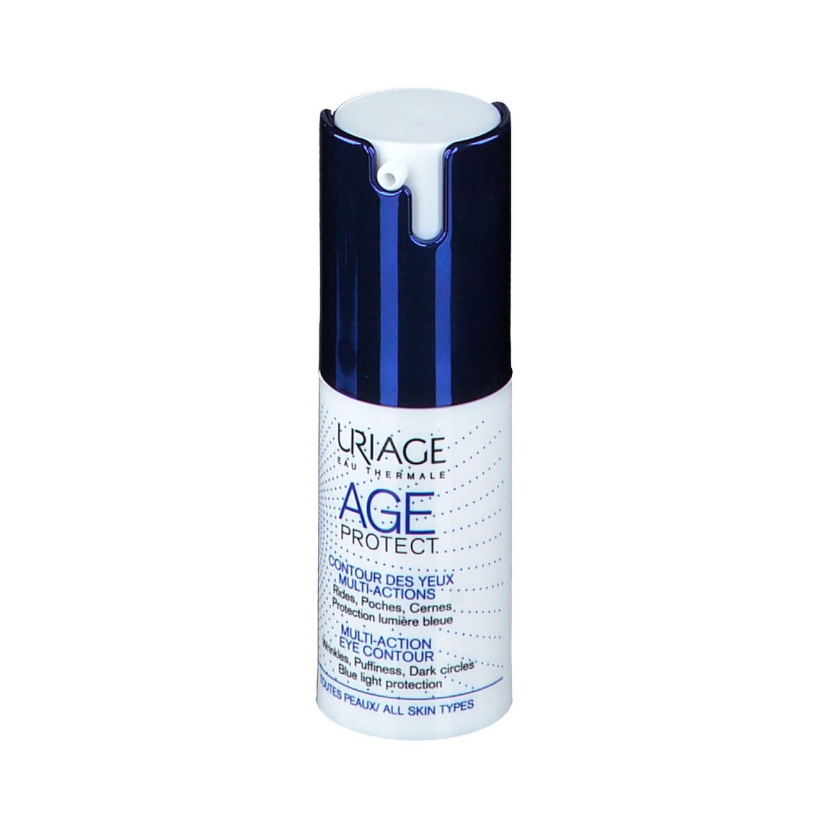 Wit en blauw flesje URIAGE AGE PROTECT. Multi-action oogcontourcrème.